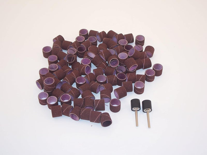 T-MAX 100 pc 1/2 Inch Sand Drum Grit 120 Medium with 2 pc 1/8 Inch Mandrel for Dremel Rotary Tools - Image 2
